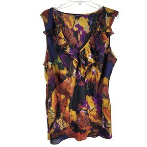 VTG Y2k Dark Romantic Floral Ruffle Blouse 3X Watercolor Satin date semi sheer